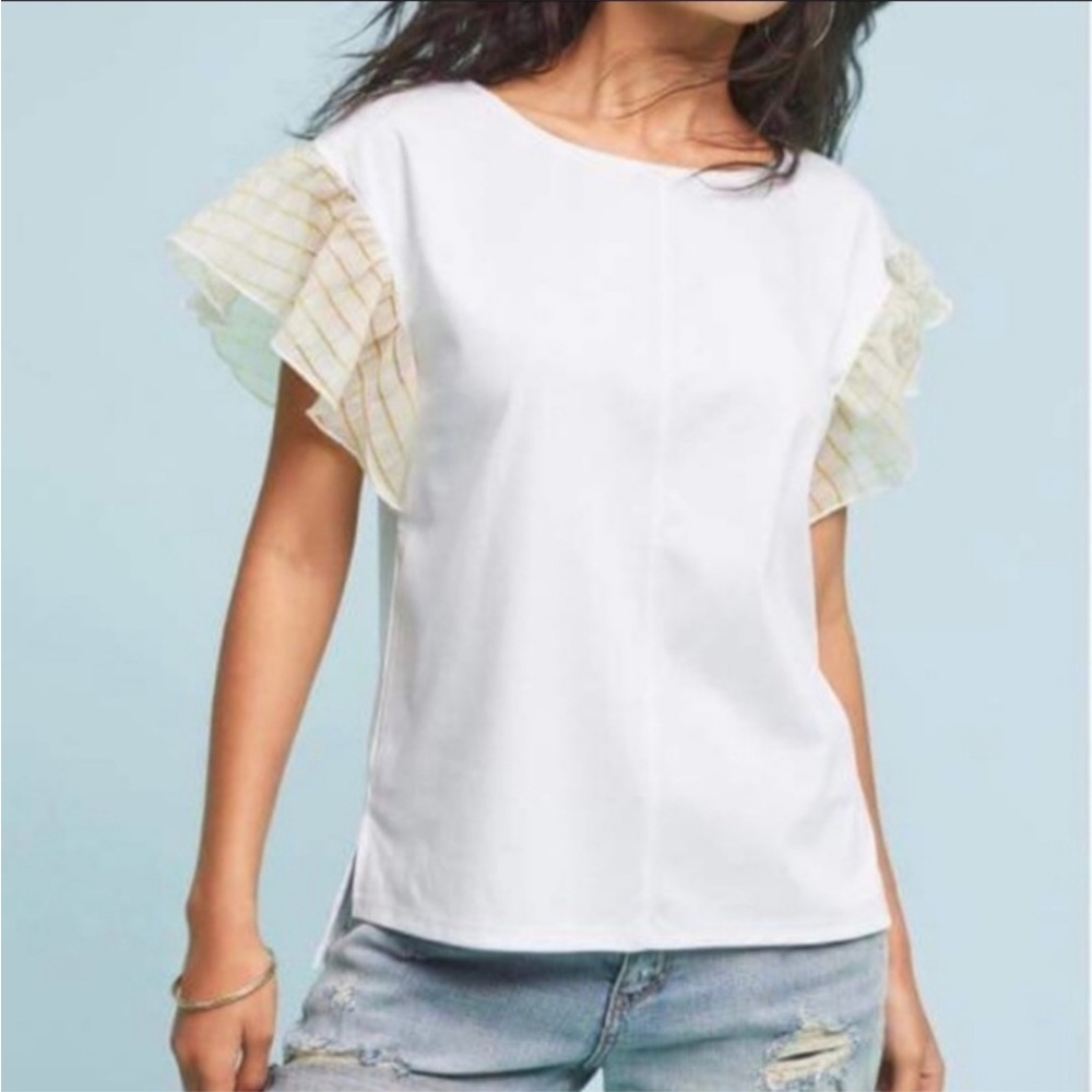 Anthropologie x Postmark | ruffle sleeve white top shirt